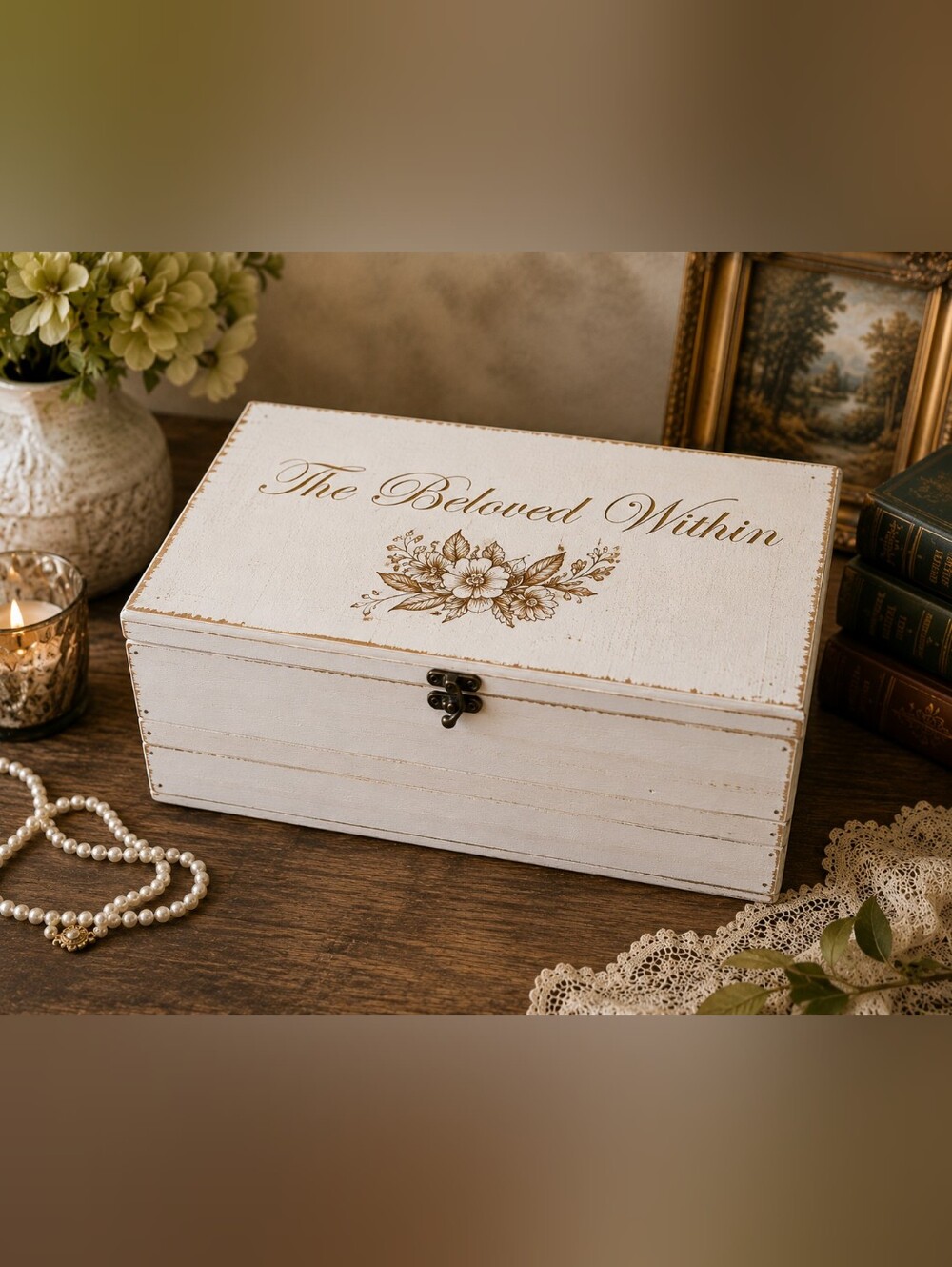 The Beloved Within Wooden Keepsake Box | Emerald Velvet Lined Memory Chest